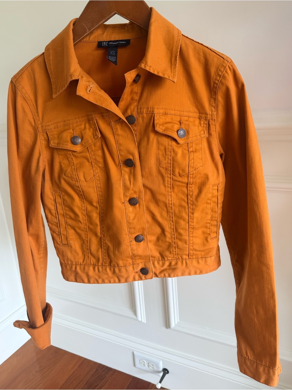 INC Women Cropped Denim Jacket Orange Crop Front Button Jeans jacket Size XS